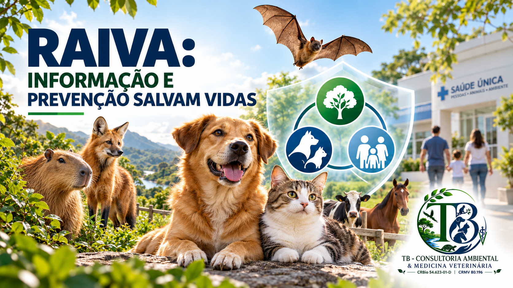 Cão, gato, morcego, capivara, cachorro-do-mato, bovino, equino e uma família representam a prevenção da raiva e a Saúde Única.