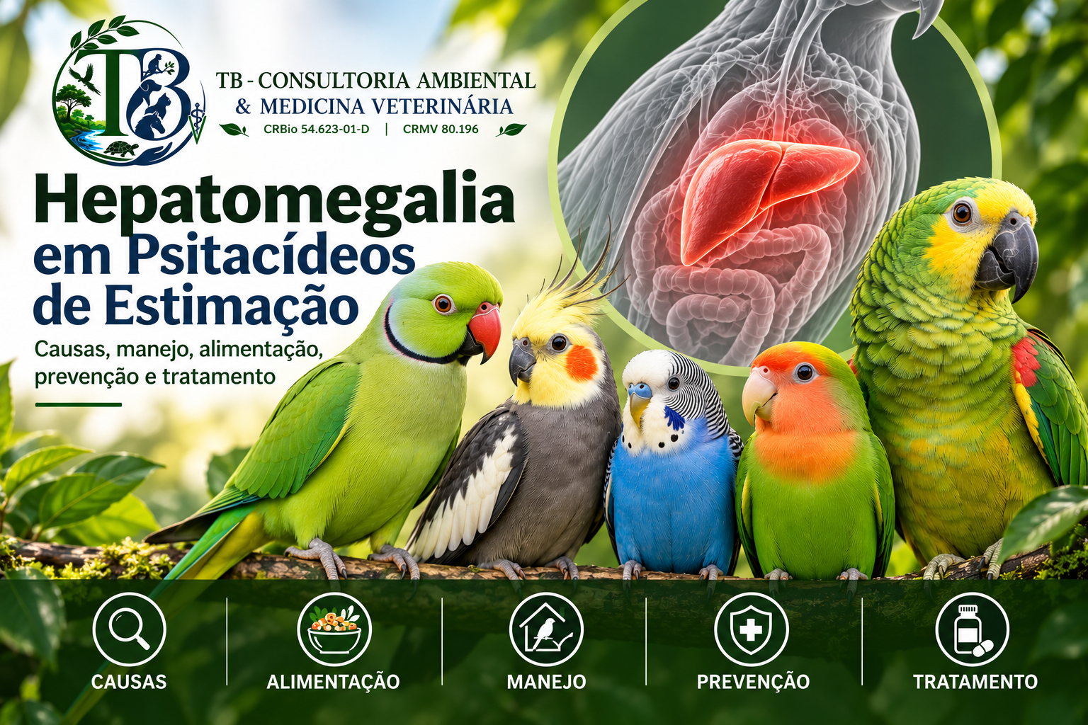 Para a imagem do artigo sobre hepatomegalia em psitacídeos, incluindo o Ring Neck, sugiro: Texto alternativo (ALT): “Ring Neck e outros psitacídeos em imagem educativa sobre hepatomegalia em aves de estimação, abordando causas, prevenção, alimentação, ma